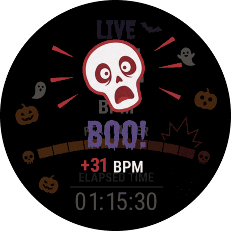 The BOO! alert on the watch: a screaming skull and +31 BPM